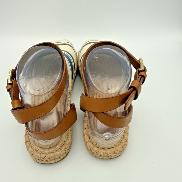 Tory Burch Espadrille Sandals Blue Ivory Striped Leather Ankle Strap Jute Size 8 - Picture 10 of 13